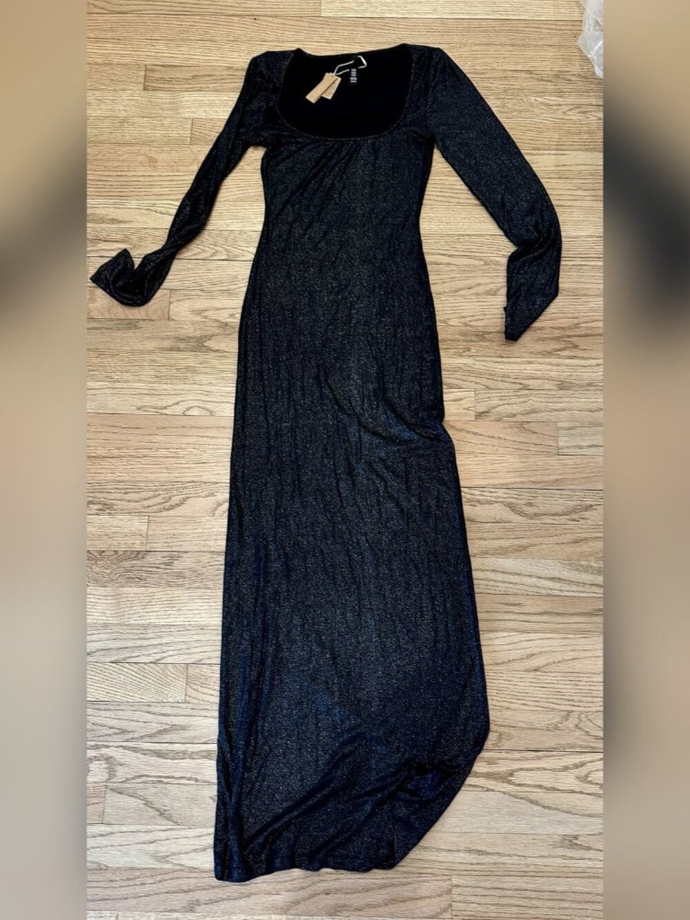 SKIMS Black Metallic Sparkle Rib Long Sleeve Scoop Neck Maxi Dress M NWT